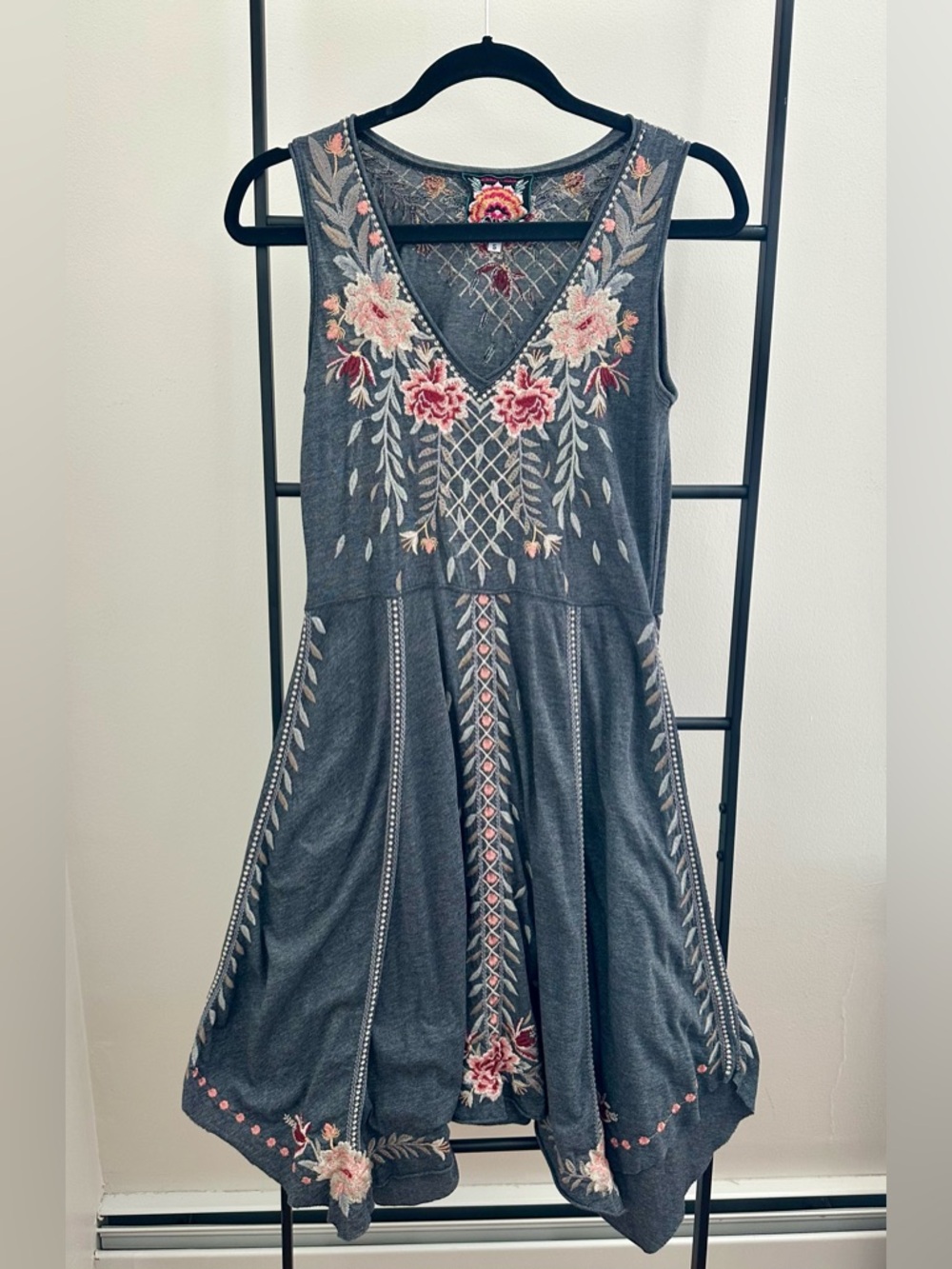 Johnny Was Charcoal Midi Dress with Pink and Cream Embroidery